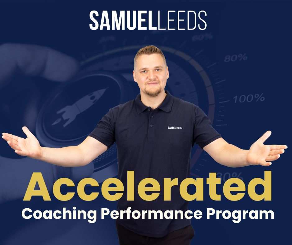 a photo of Samuel Leeds on a blue background with the writing 'Accelerated Coaching Performance Programme' & a dial showing it's turned up to max